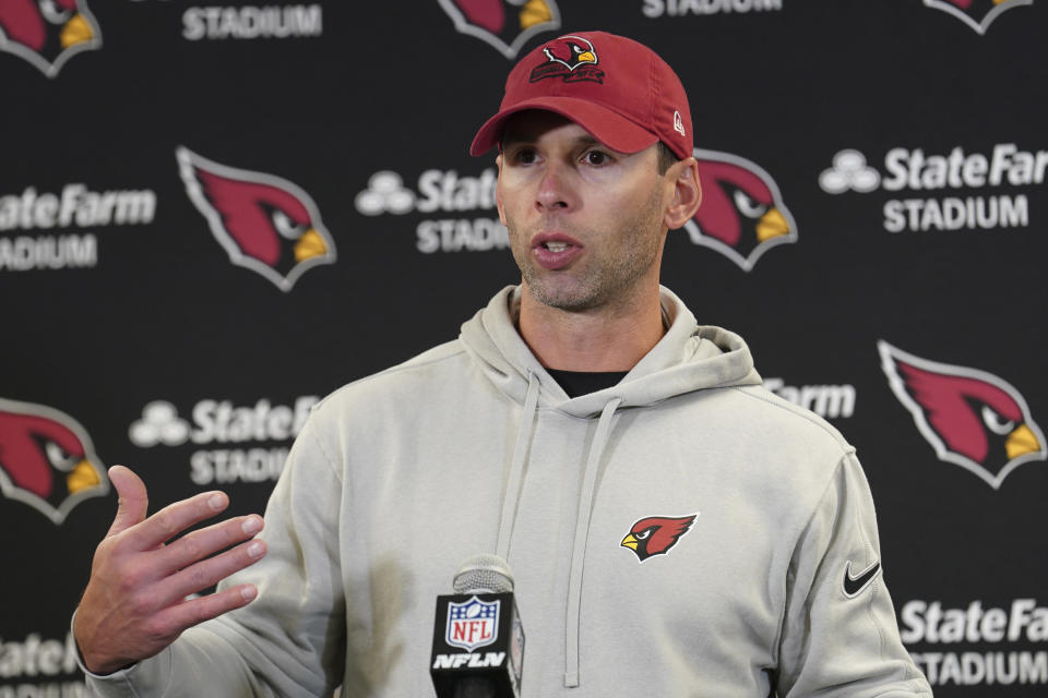 Arizona Cardinals head coach Jonathan Gannon answers a question during the second half of an NFL football game against the Pittsburgh Steelers Sunday, Dec. 3, 2023, in Pittsburgh. The Cardinals won 24-10. (AP Photo/Matt Freed)