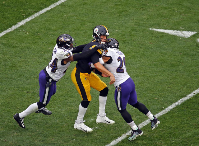 Ian Smith on X: #Steelers QB Mason Rudolph helped off the field after a  brutal and illegal hit by #Ravens Earl Thomas. @KDKA   / X