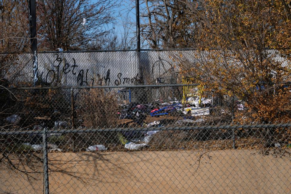 A homeless camp is seen along the north service road to I-240 near Lightning Creek, just west of the South Oklahoma City Chamber of Commerce, 701 W I-240 Service Road.