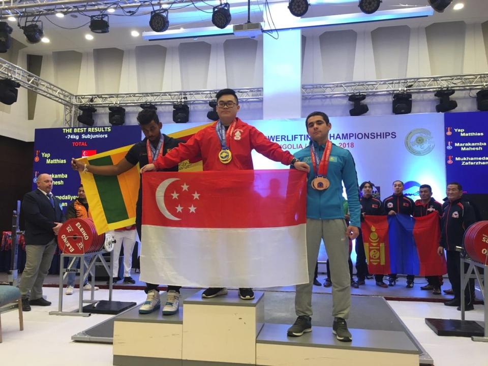 Singapore powerlifter Matthias Yap won four golds in the U-74kg sub-junior division at the Asian Classic Powerlifting Championships in Ulaan Baatar on 6 December, 2018. (PHOTO: Matthias Yap)