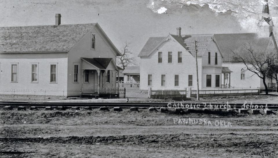 The St. Louis Church and School in Pawhuska is shown in this photograph. The St. Louis Boarding School for Girls was run by the Sisters of St. Francis, Sister of Loretto and Sisters of the Blessed Sacrament at different times from 1887 to 1949.