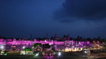 Illuminated city of Ayodhya is seen ahead of the groundbreaking ceremony of a temple to the Hindu god Ram in Ayodhya, in the Indian state of Uttar Pradesh, Monday, Aug. 3, 2020. As Hindus prepare to celebrate the groundbreaking of a long-awaited temple at a disputed ground in northern India, Muslims say they have no firm plans yet to build a new mosque at an alternative site they were granted to replace the one torn down by Hindu hard-liners decades ago. (AP Photo/Rajesh Kumar Singh)