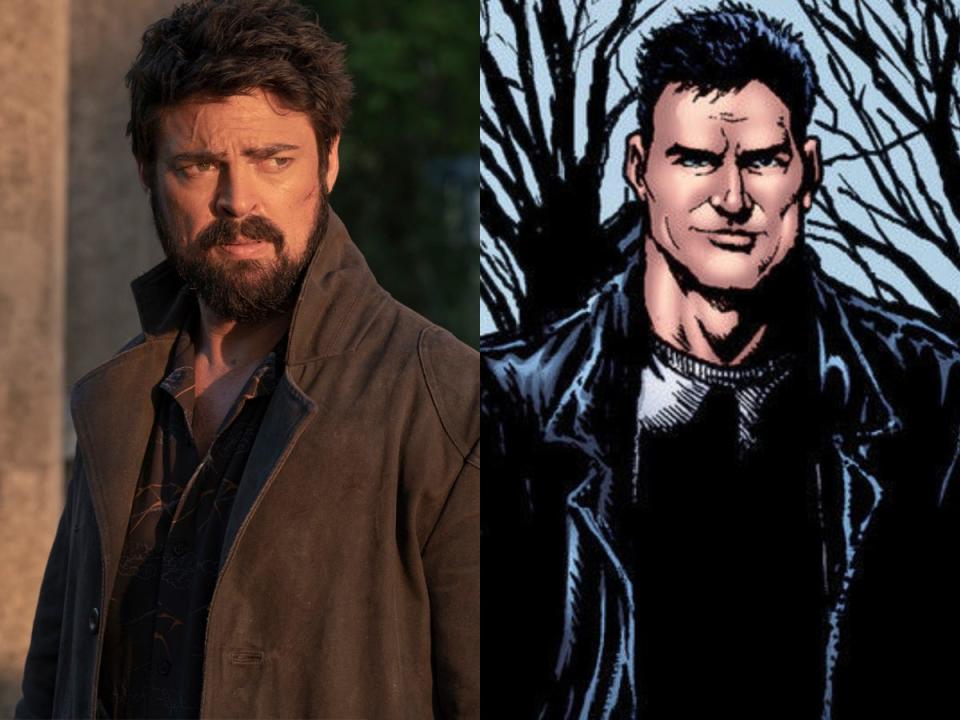 On the left: Karl Urban as Billy Butcher in season two of "The Boys." On the right: Billy Butcher in the comics.