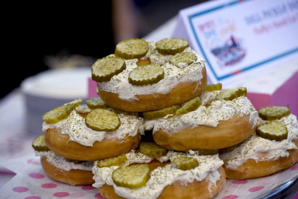 Fluffy’s Hand-Cut Donuts’ Dill Pickle Donut, one of the new food offerings at the 2023 North Carolina State Fair, displayed during a Media Day tasting on Oct. 9, 2023.