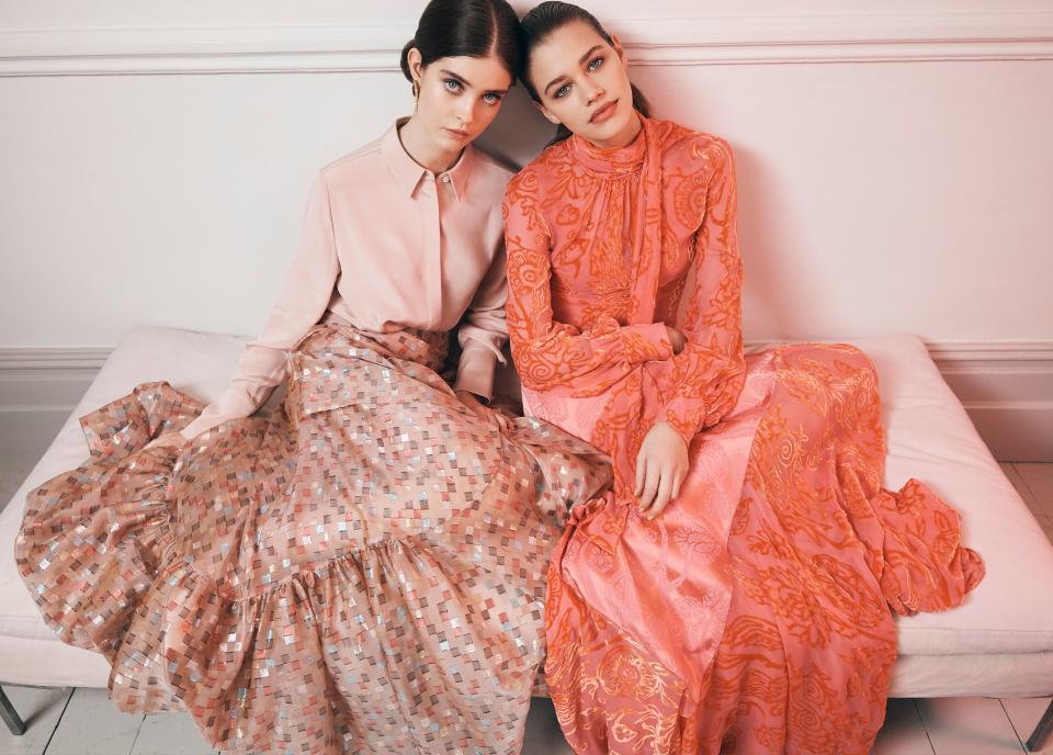 From left: Moya Palk (Select) in a Layeur shirt, Peter Pilotto skirt, and Monica Sordo earrings, December 2017.
Silk, silk-and-polyester blend; silk lining.
Isabell Andreeva (Premier) in a Peter Pilotto shirt and skirt, December 2017.
Silk-and-viscose blend; silk lining.