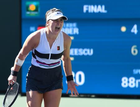 Mar 17, 2019; Indian Wells, CA, USA; Bianca Andreescu (CAN) reacts as she defeats Angelique Kerber (not pictured) in the final match in the BNP Paribas Open at the Indian Wells Tennis Garden. Mandatory Credit: Jayne Kamin-Oncea-USA TODAY Sports