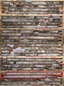 Well mineralized drill core intersection (~2.5% Li2O average) in CV22-066 with a 2.0 m at 6.41% Li2O interval (224.0 to 226.0 m) containing an ~1.8 m long spodumene crystal (highlighted in red box)