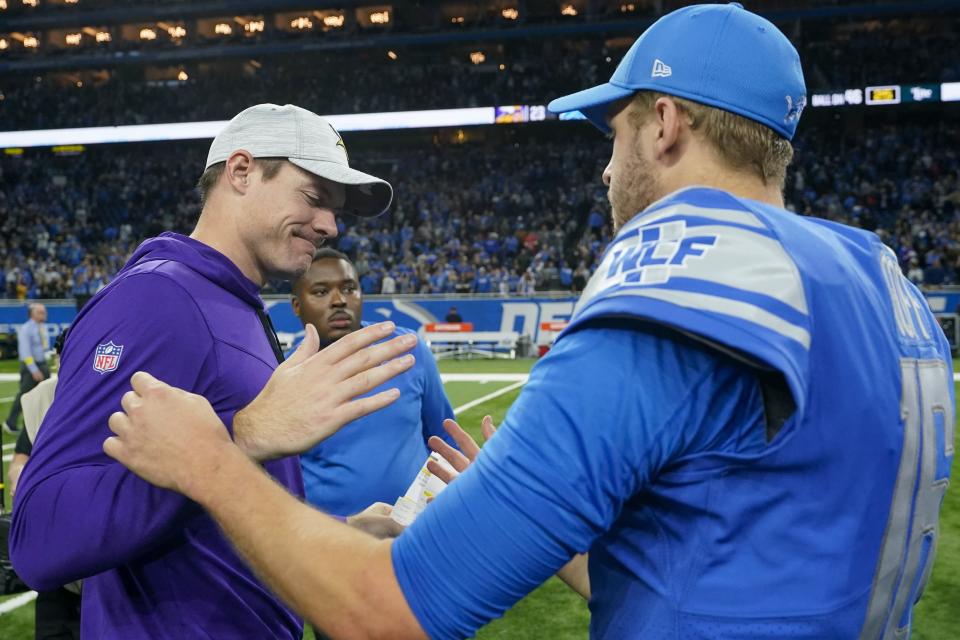 Minnesota Vikings head coach Kevin O'Connell talks to Detroit Lions' Jared Goff after an NFL football game Sunday, Dec. 11, 2022, in Detroit. The Lions won 34-23. (AP Photo/Paul Sancya)