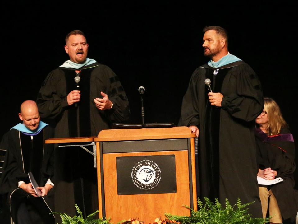 YCCC commencement speakers Geoff and Mike Howe, founders of Howe & Howe Technologies and senior vice presidents of Textron Systems, tells the graduates to never give up during graduation May 17, 2024.