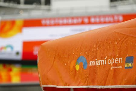 Mar 19, 2019; Miami Gardens, FL, USA; A general view outside stadium court at Hard Rock Stadium during a rain delay in the first round of the Miami Open at Miami Open Tennis Complex. Mandatory Credit: Geoff Burke-USA TODAY Sports