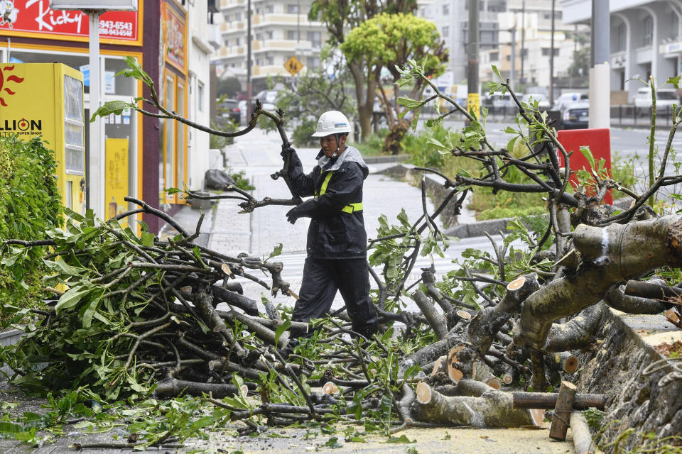 A worker clears branches of a fallen tree affected by a typhoon in Naha, Okinawa prefecture, southern Japan Saturday, Sept. 29, 2018. (Ryosuke Uematsu/Kyodo News via AP)/