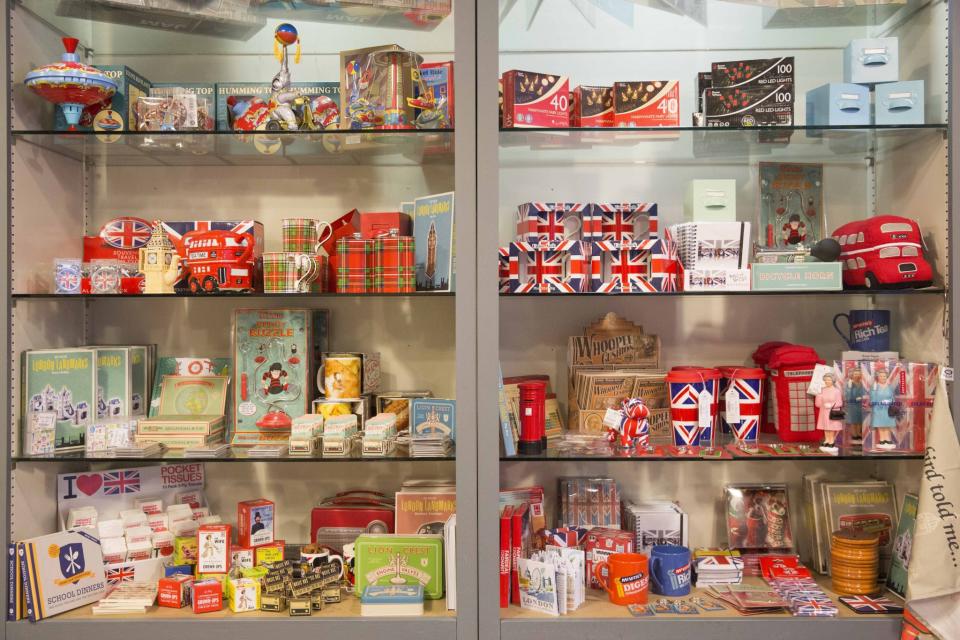 Some of the patriotic souvenirs in Chris Ostwald's British-themed store. (SWNS)