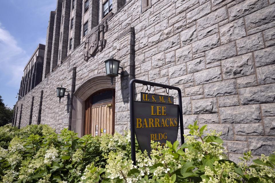 FILE - Lee Barracks, named for Civil War General Robert E. Lee, is shown at the U.S. Military Academy at West Point, July 13, 2020, in West Point, N.Y. A commission created by Congress is recommending that multiple historical reminders tied to Confederate officers during the Civil War be removed — many honoring Robert E. Lee, one of the academy's most famous graduates. (AP Photo/Mark Lennihan, File)