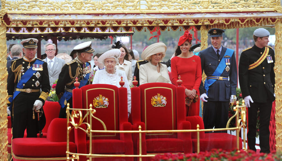 Back in 2012, the Duchess of Cambridge opted for a red outfit in order for the spotlight to focus on Queen Elizabeth II [Photo: Getty]