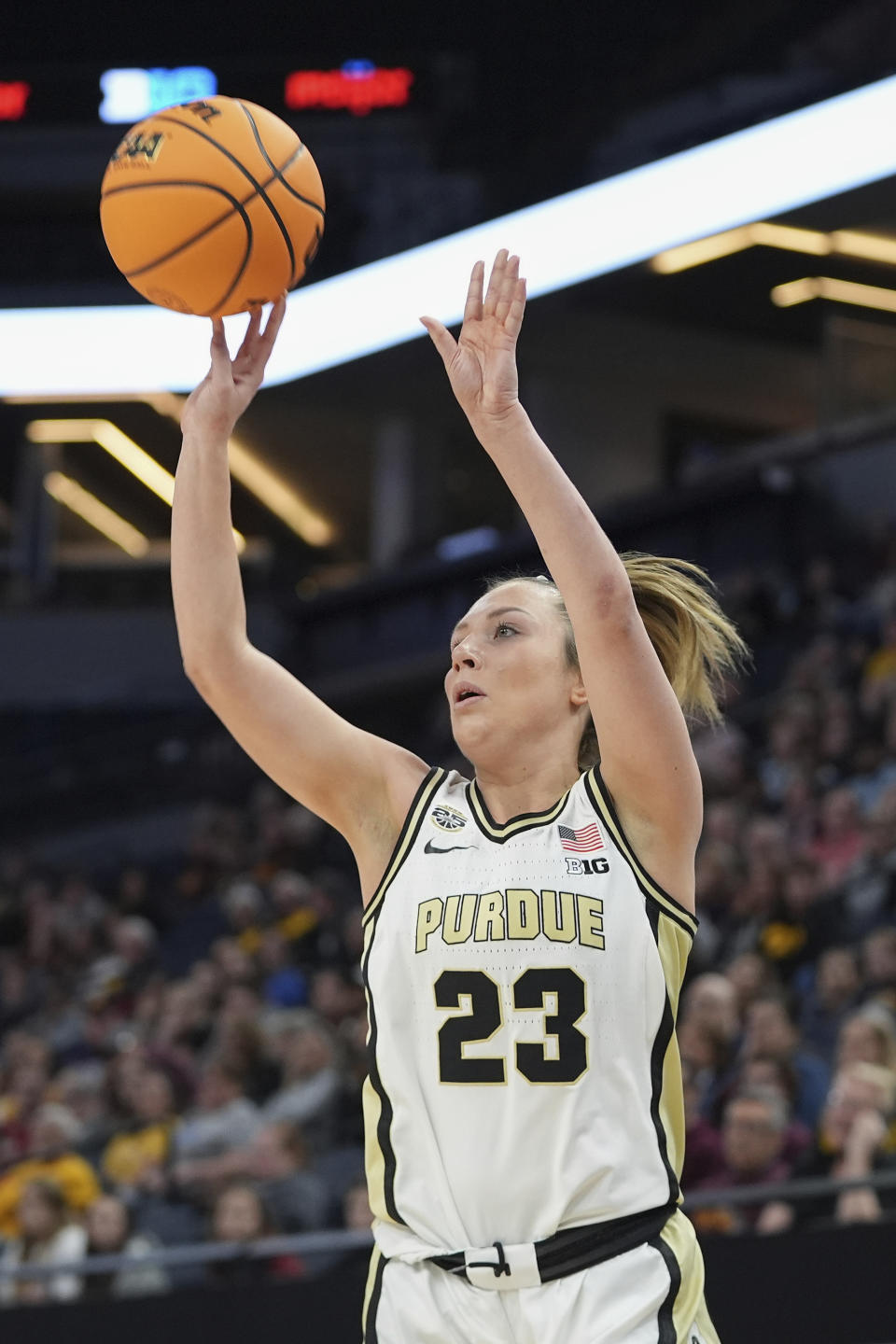 Purdue guard Abbey Ellis (23) shoots during the second half of an NCAA college basketball game against Northwestern at the Big Ten women's tournament Wednesday, March 6, 2024, in Minneapolis. (AP Photo/Abbie Parr)