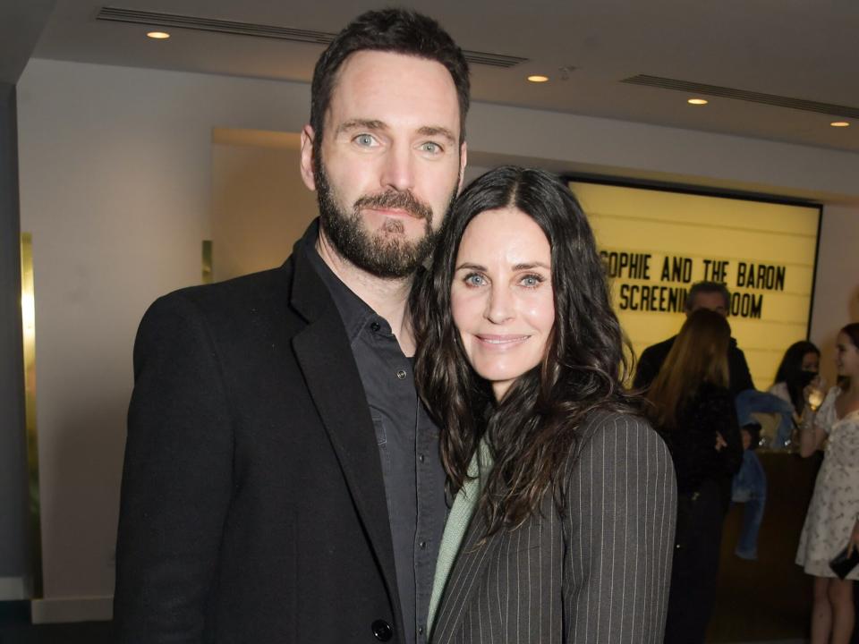 Johnny McDaid and Courteney Cox attend a special screening of 'Sophie & The Baron' at Sea Containers on November 13, 2021 in London, England