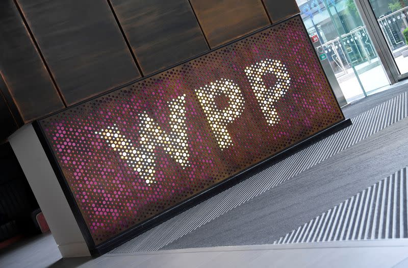 Branding signage is seen for WPP Group, the largest global advertising and public relations agency at their offices in London