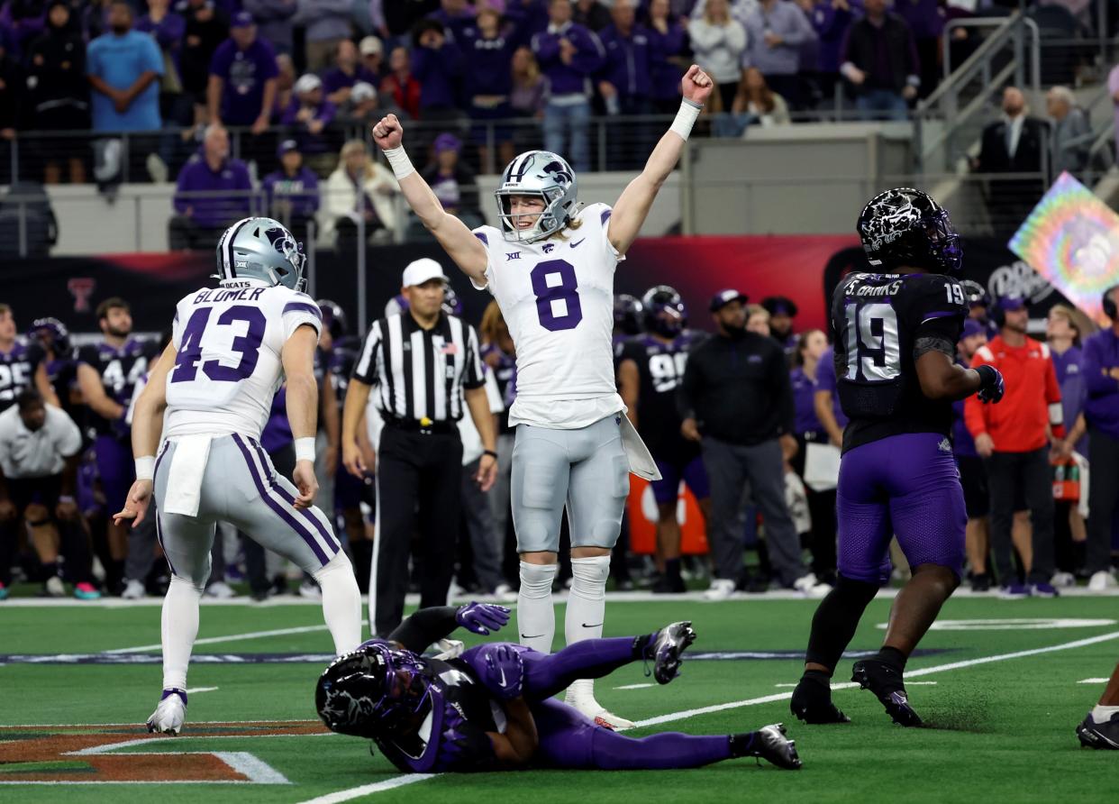 Kansas State's Ty Zentner (8), of Topeka, celebrates after kicking a game-winning 31-yard field goal Saturday against TCU in the Big 12 championship game at AT&T Stadium. The Wildcats won, 31-28, in overtime.