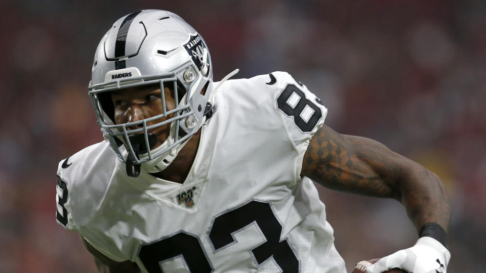 Oakland Raiders tight end Darren Waller (83) runs during the first half of an an NFL preseason football game against the Arizona Cardinals, Thursday, Aug. 15, 2019, in Glendale, Ariz. (AP Photo/Ralph Freso)