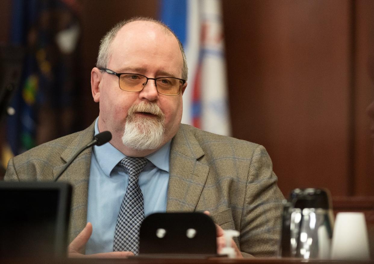 Sparrow Hospital Forensic Pathologist Dr. David Moons testifies Thursday, April 18, 2024, in Ingham County Circuit Judge James Jamo's courtroom at Veteran's Memorial Courthouse in Lansing during Anthony Anderson Jr.'s murder and assault trial.