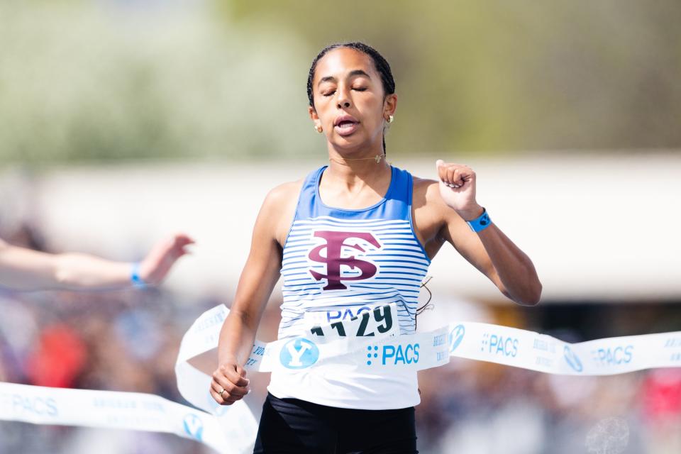 Fremont’s Amare Harlan takes the win in the girls 100-meter during the BYU Track Invitational at the Clarence F. Robison Outdoor Track & Field in Provo on May 6, 2023. | Ryan Sun, Deseret News