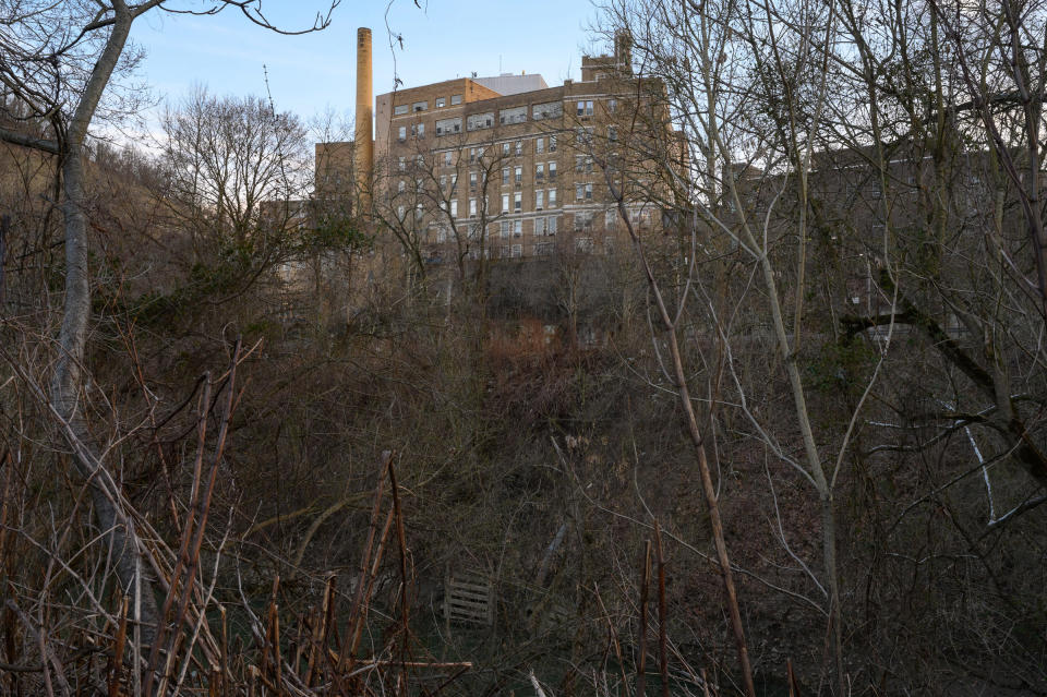 A view of the Ohio Valley Medical Center that closed in 2019, seen from the former encampments along Wheeling Creek in March.<span class="copyright">Rebecca Kiger</span>