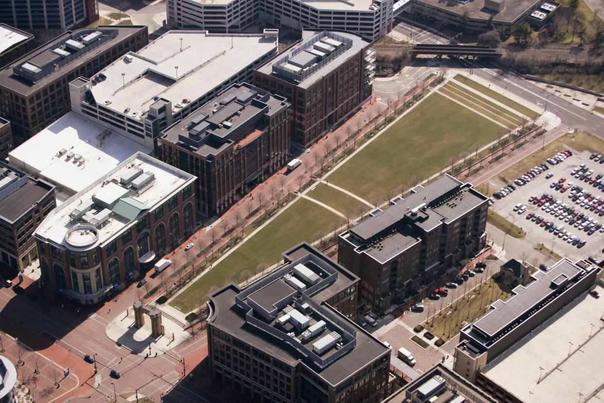 Aerial photo of the Arena District Arch Park, now called McFerson Commons, in downtown Columbus in March 2011.