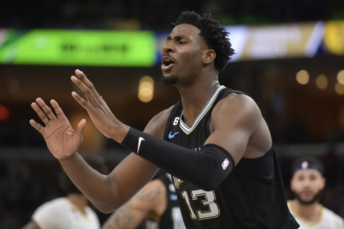 Memphis Grizzlies forward Jaren Jackson Jr. (13) reacts after being called for a technical foul in the first half of an NBA basketball game against the New Orleans Pelicans Friday, Nov. 25, 2022, in Memphis, Tenn. (AP Photo/Brandon Dill)