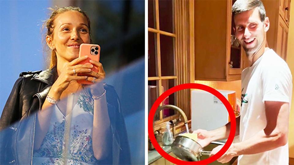 Jelena Djokovic (pictured left) watching during the Adria Tour and (pictured right) Novak Djokovic doing the dishes after his late night match at the US Open.