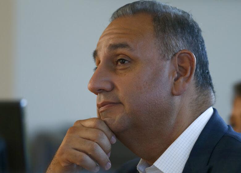 BREA,, CALIF. - OCT. 9, 2019. Democratic Rep. Gil Cisneros visits the headquarters of an aviation parts company called Proponent in Brea on Wednesday, Oct. 9, 2019. (Luis Sinco/Los Angeles Times)