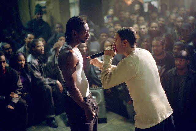 <p>Eli Reed/Imagine/Universal/Kobal/Shutterstock</p> Nashawn Breedlove and Eminem in <em>8 Mile</em> (2002)