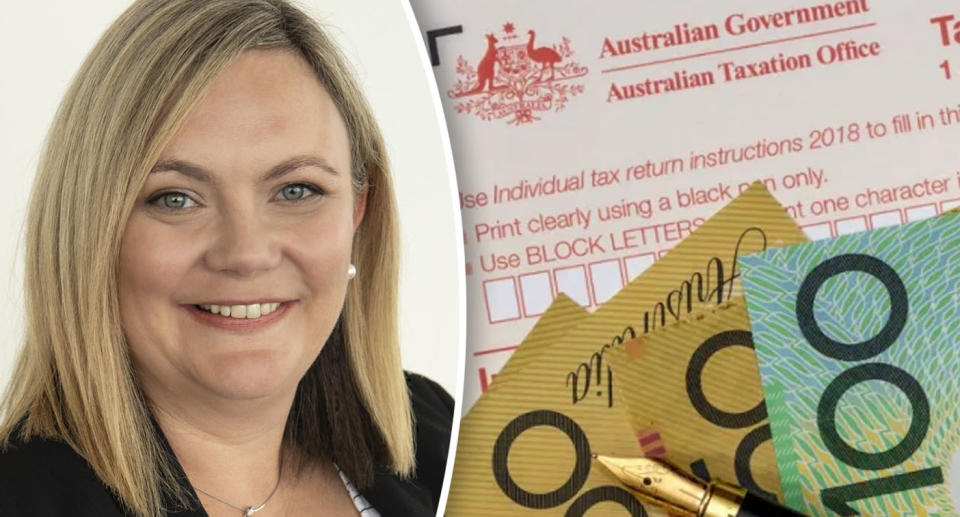 ATO Deputy Commissioner Emma Rosenzweig on white background with a tax form and Australian money.