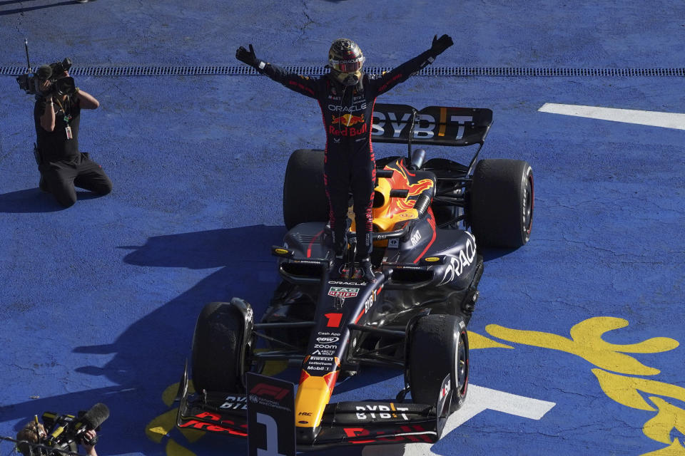 Red Bull driver Max Verstappen of the Netherlands celebrates after winning the Formula One Mexico Grand Prix auto race at the Hermanos Rodriguez racetrack in Mexico City, Sunday, Oct. 29, 2023.(AP Photo/Marco Ugarte)