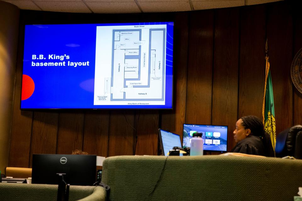 Judge Jennifer Fitzgerald listens as the Tennessee Innocence Project shows the basement layout of B.B. King’s in their argument that Artis Whitehead, who has been in jail since 2003 on charges related to the robbery of B.B. King’s in 2002, was wrongfully convicted at Shelby County Criminal Court on Wednesday, September 6, 2023.
