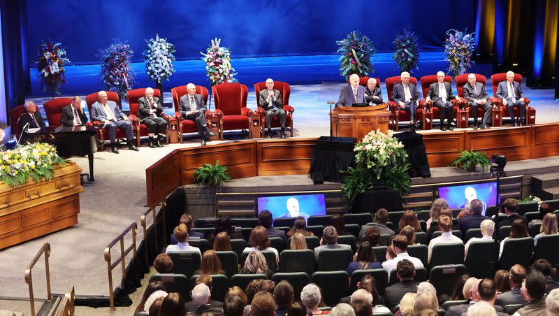 President Russell M. Nelson of The Church of Jesus Christ of Latter-day Saints speaks during the funeral service for Sister Patricia T. Holland at the Conference Center Theater in Salt Lake City on Friday, July 28, 2023.