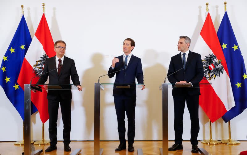 Austrian Chancellor Sebastian Kurz, Interior Minister Karl Nehammer and Health Minister Rudolf Anschober address the media in Vienna