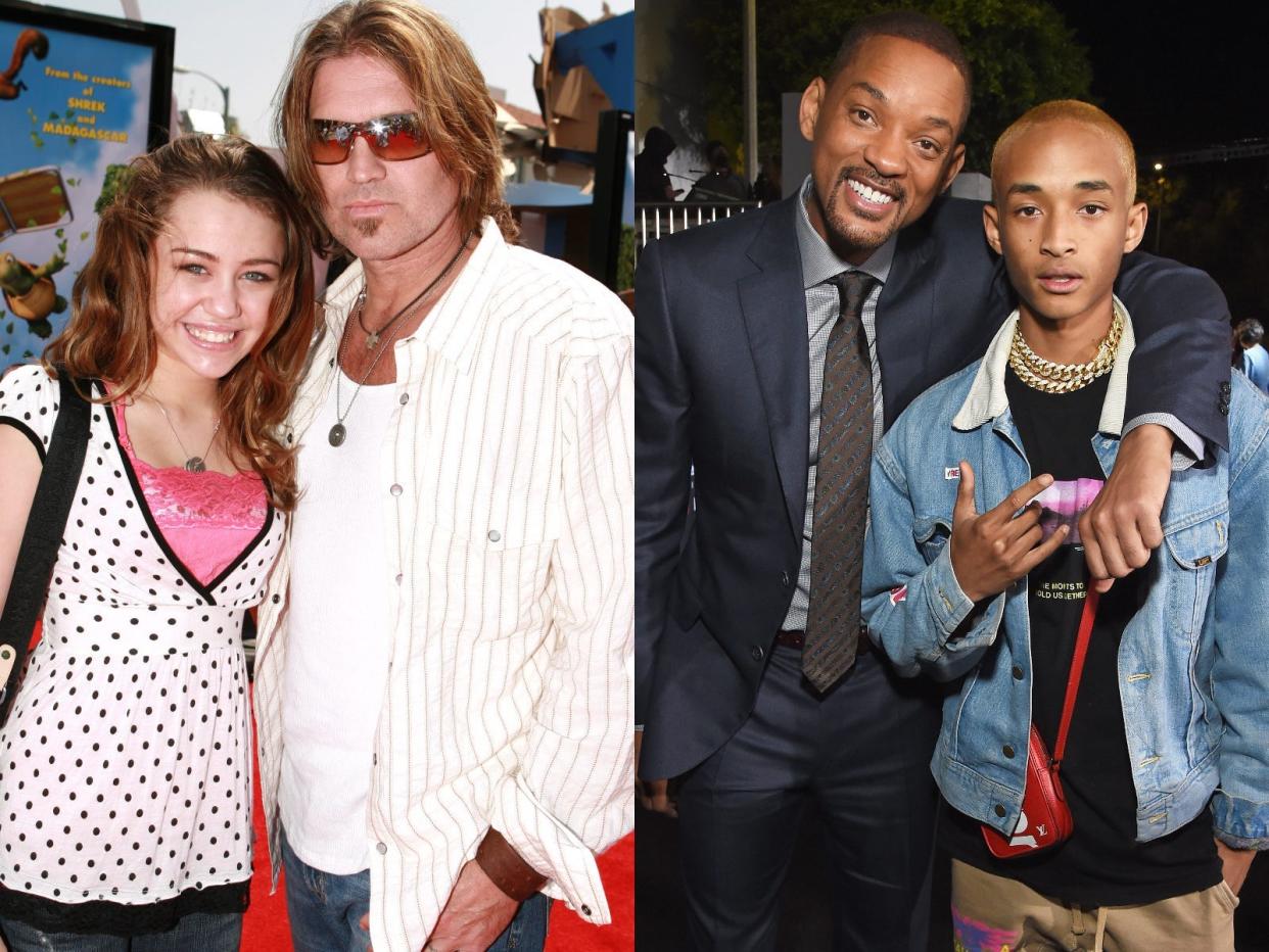 Miley Cyrus and Billy Ray Cyrus next to Will Smith and Jaden Smith