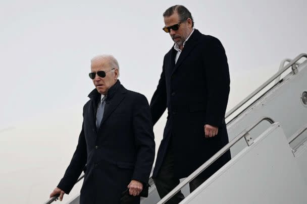 PHOTO: President Joe Biden, with son Hunter Biden, arrives at Hancock Field Air National Guard Base in Syracuse, N.Y., on Feb. 4, 2023. (Andrew Caballero-Reynolds/AFP via Getty Images, FILE)