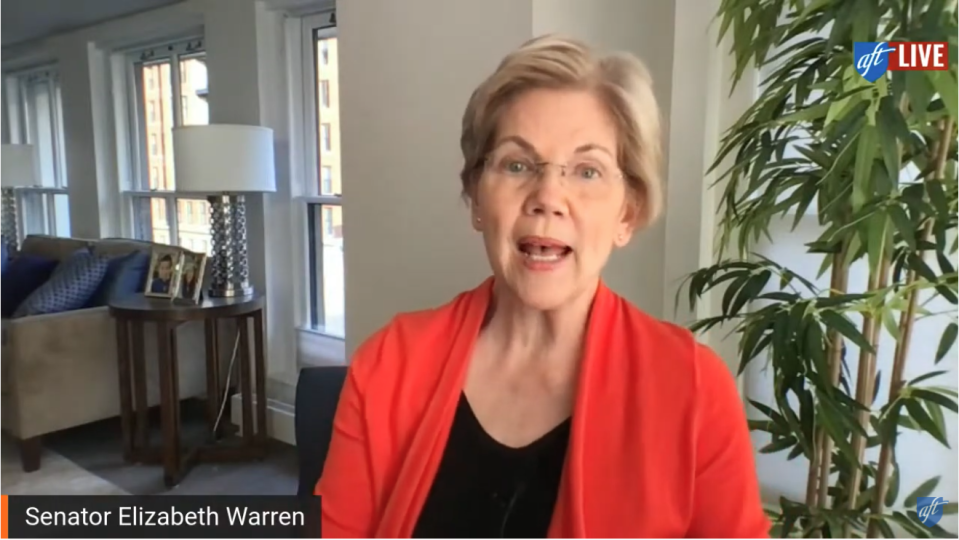 Screenshot of Warren during the AFT town hall