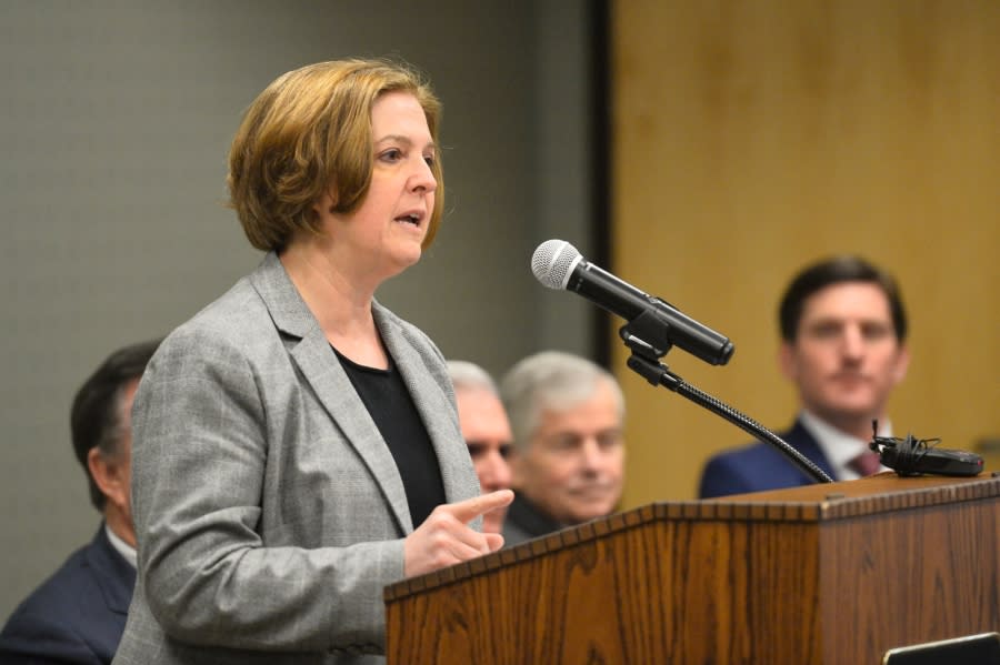 Texas A&M President Katherine Banks speaks during an announcement about the Texas A&M-Concho Engineering Academy, Feb. 14, 2019, in the Carrasco Room at Midland College in Midland, Texas. Texas A&M University announced Friday, July 21, 2023, that Banks has resigned after a Black journalist’s celebrated hiring at one of the nation’s largest campuses unraveled following pushback over her diversity and inclusion work.(James Durbin/Reporter-Telegram via AP)