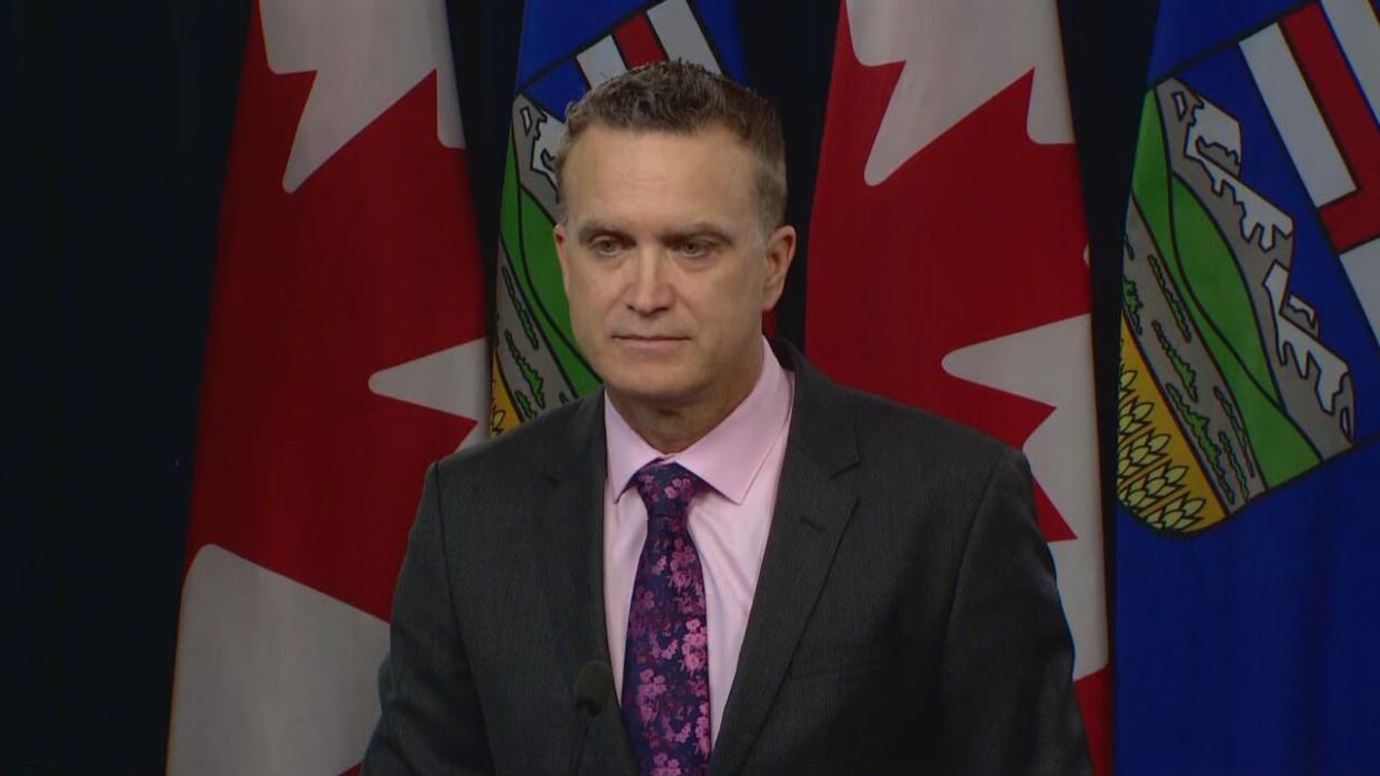 Alberta Infrastructure Minister Pete Guthrie speaks to reporters about the province's Real Property Governance Act, introduced Thursday. (Peter Evans/CBC - image credit)