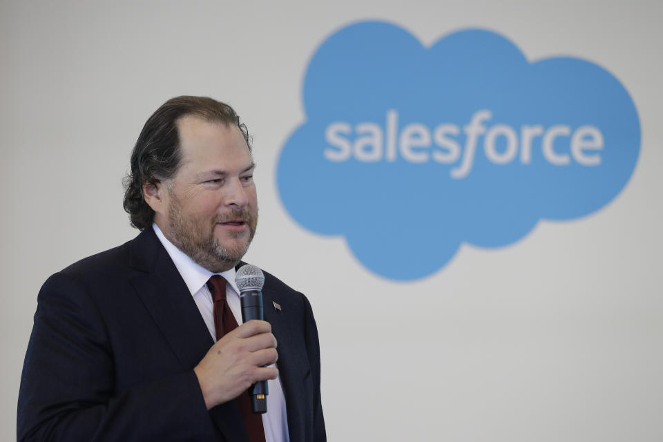 FILE - In this May 16, 2019, file photo, Salesforce chairman Marc Benioff speaks during a news conference, in Indianapolis. In a forthcoming book, “Trailblazer,” due out Oct. 15, Benioff calls on activist CEOs to lead a revolution that puts the welfare of people and the planet ahead of profits. (AP Photo/Darron Cummings, File)