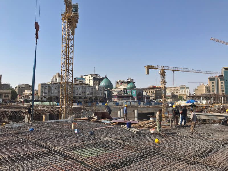 Iranian labourers and engineers work on the Sahn al-Aqila project, a vast expansion to the area adjacent to the Imam Hussein shrine that will be used to welcome mostly Shi'ite Muslim pilgrims in Kerbala