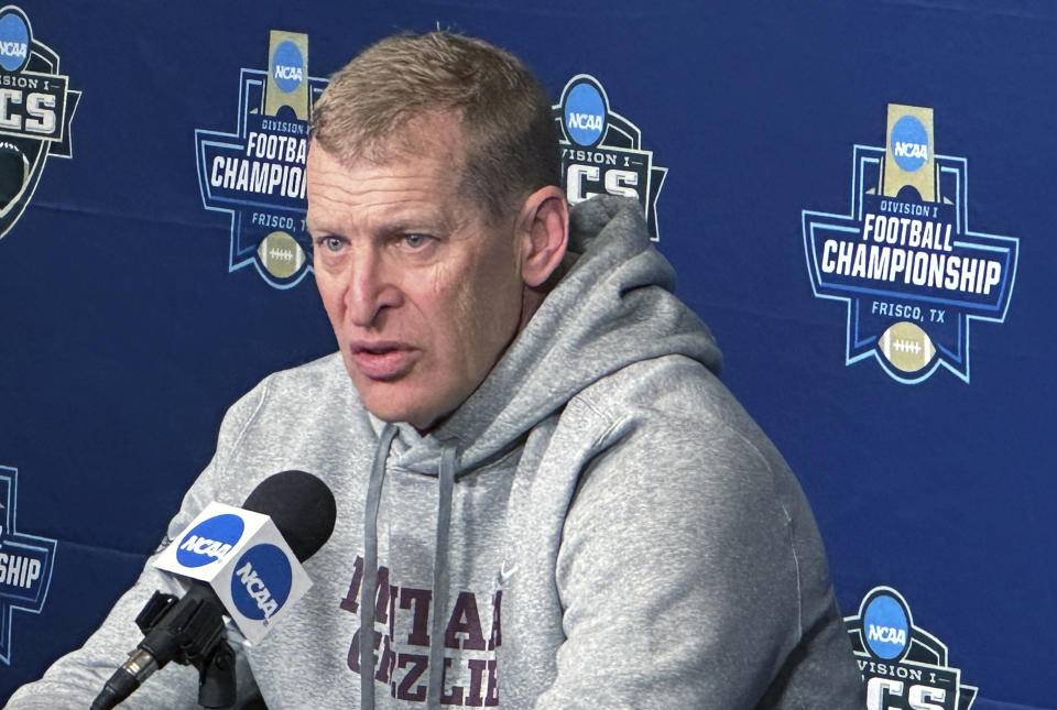 Montana coach Bobby Hauck talks Friday, Jan. 5, 2024, about the team's NCAA Football Championship Subdivision title game against top-rated South Dakota State on Sunday in Frisco, Texas. Hauck is in his second stint as Montana’s coach, and took the team to three national runner-up finishes between 2004-09. (AP Photo/Stephen Hawkins)