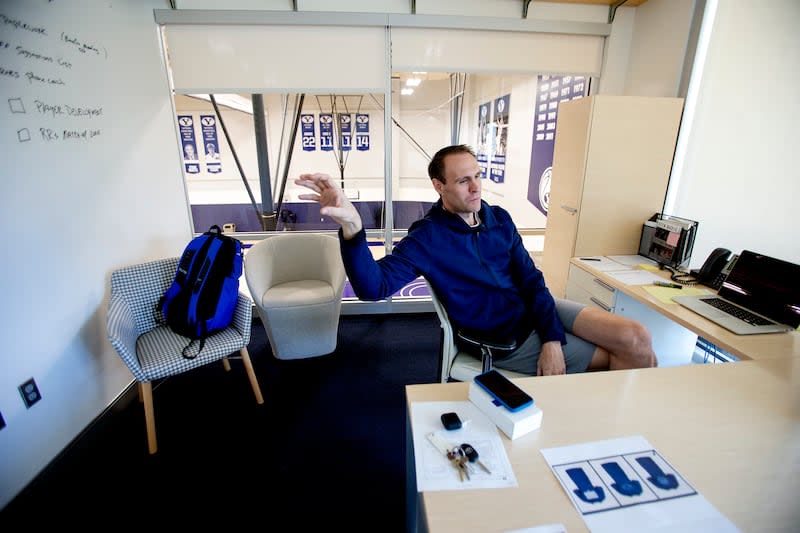 BYU assistant basketball coach Chris Burgess answers a question during an interview while at the Marriott Center Annex in Provo on Friday, May 3, 2019.