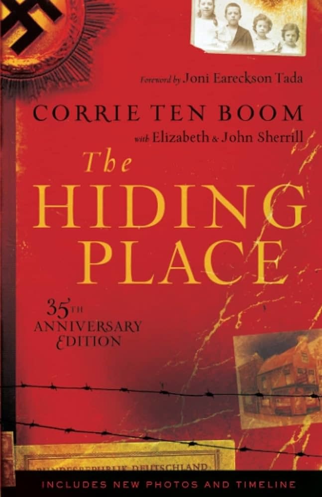 Book cover of "The Hiding Place" 35th anniversary edition with additional content indicators