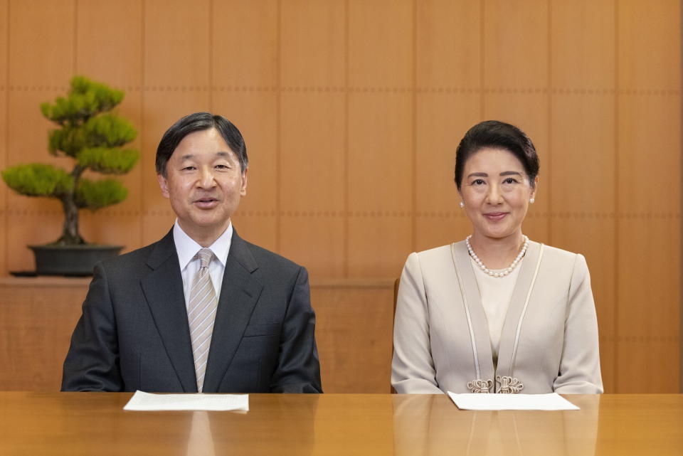 In this photo provided by the Imperial Household Agency of Japan, Japan's Emperor Naruhito and his wife Empress Masako, speak for their New Year video message at their Akasaka Estate residence in Tokyo, on Dec. 28, 2020. (The Imperial Household Agency of Japan via AP)