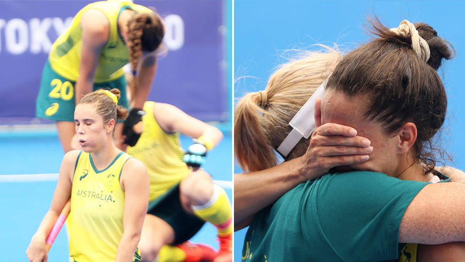 The Hockeyroos players were left devastated after their upset loss in the quarter-finals to India at the Tokyo Olympics. (Getty Images)