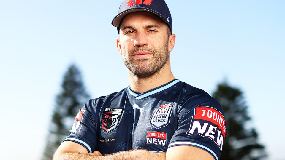 James Tedesco posing for a photo in the New South Wales jersey.