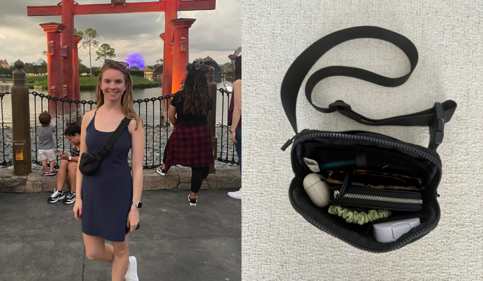 Amanda wearing the Lululemon Belt Bag at Epcot; an aerial shot of her open Lululemon bag, revealing contents